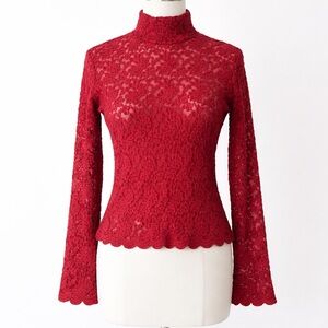 Forenza Red Lace Mock Neck Long Sleeve Top Vintage 90s Scallop Hem Sheer Size S
